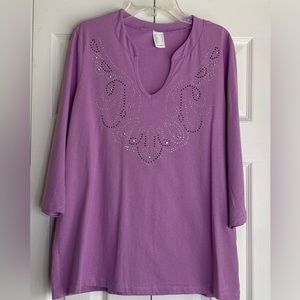 Women's T-Shirt 100% Cotton 3/4 Sleeve Made in Bulgaria Purple V-Neck Sz 10